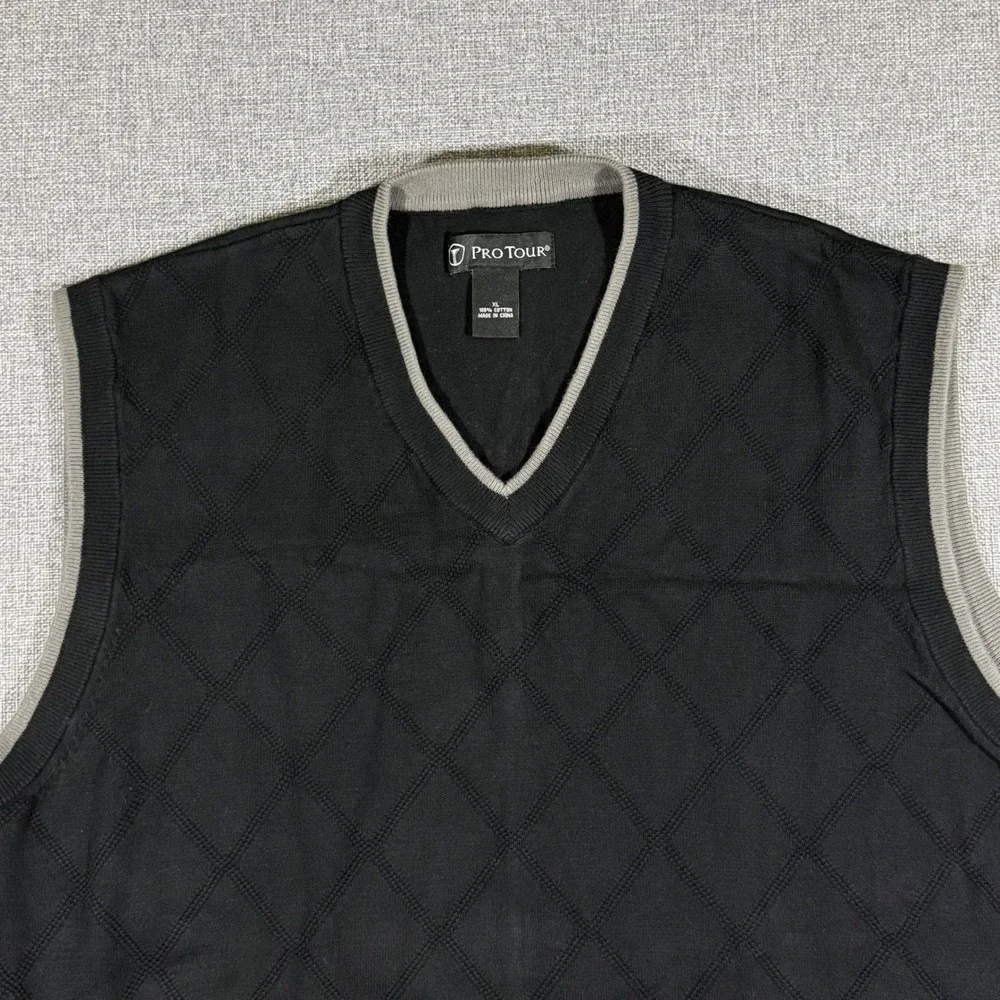 Pro Tour Sweater Vest Mens XL Black Gray Cotton Argyle Golf Preppy Grandpa Core